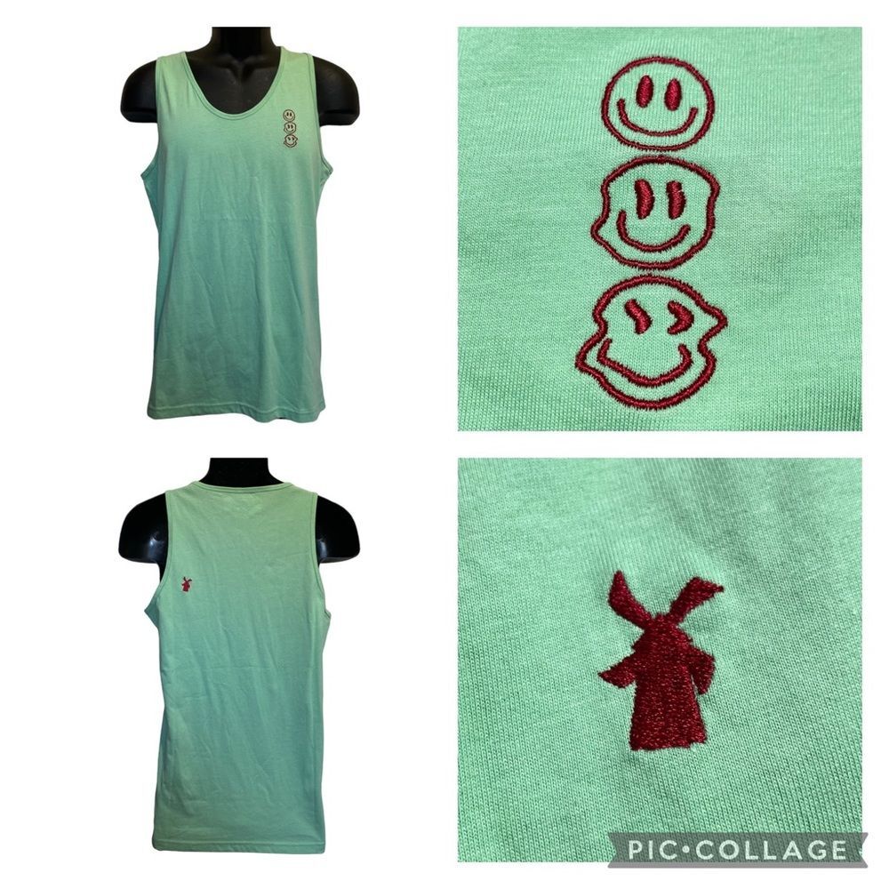 Dutch Bros Mint Green Smiley Faces Graphic Tank Top Coffee Merch Unisex Sz M